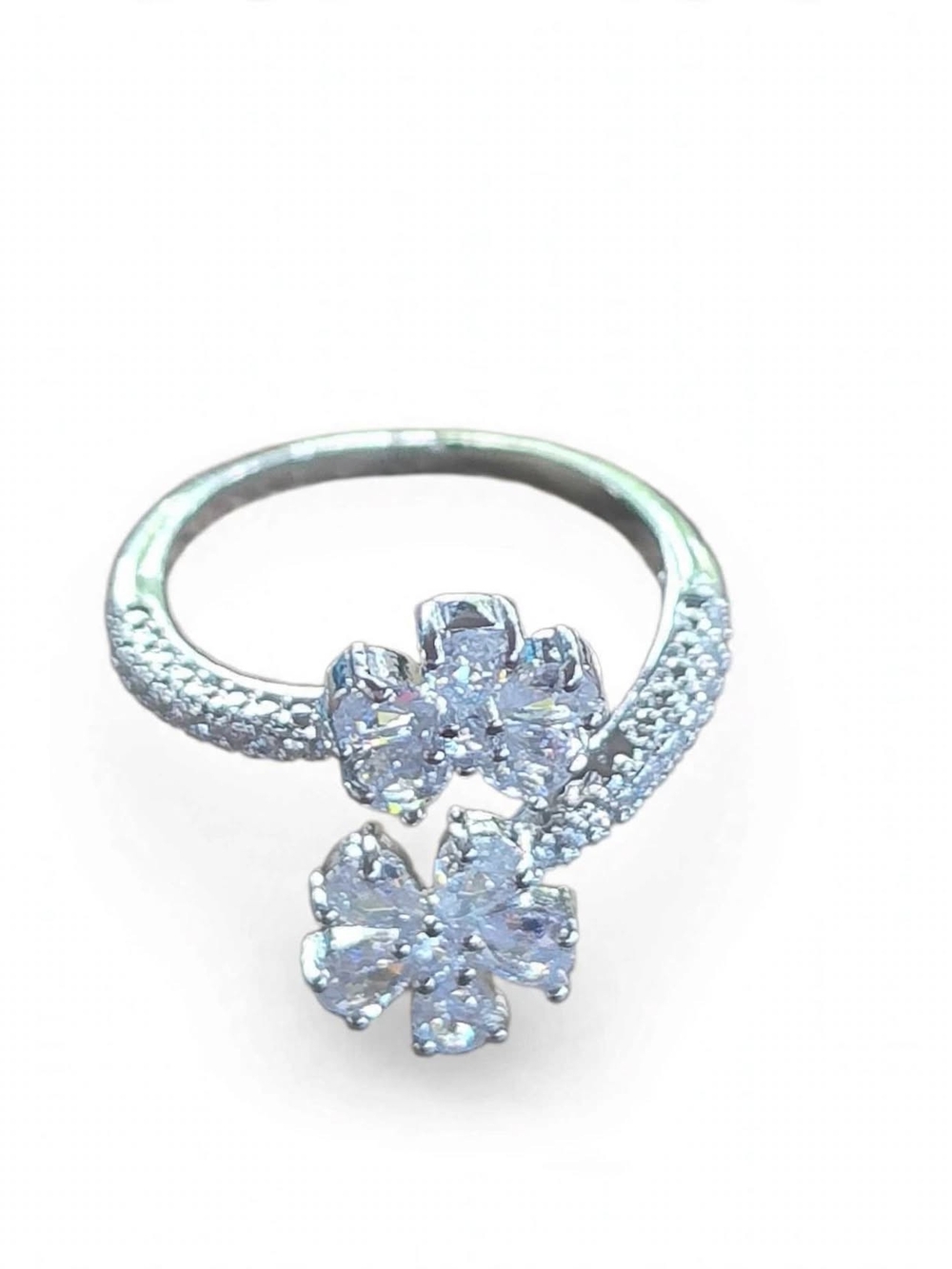 Silver Double Flower Bypass Ring Adjustable Pavé Crystal Floral Open Ring Y2K